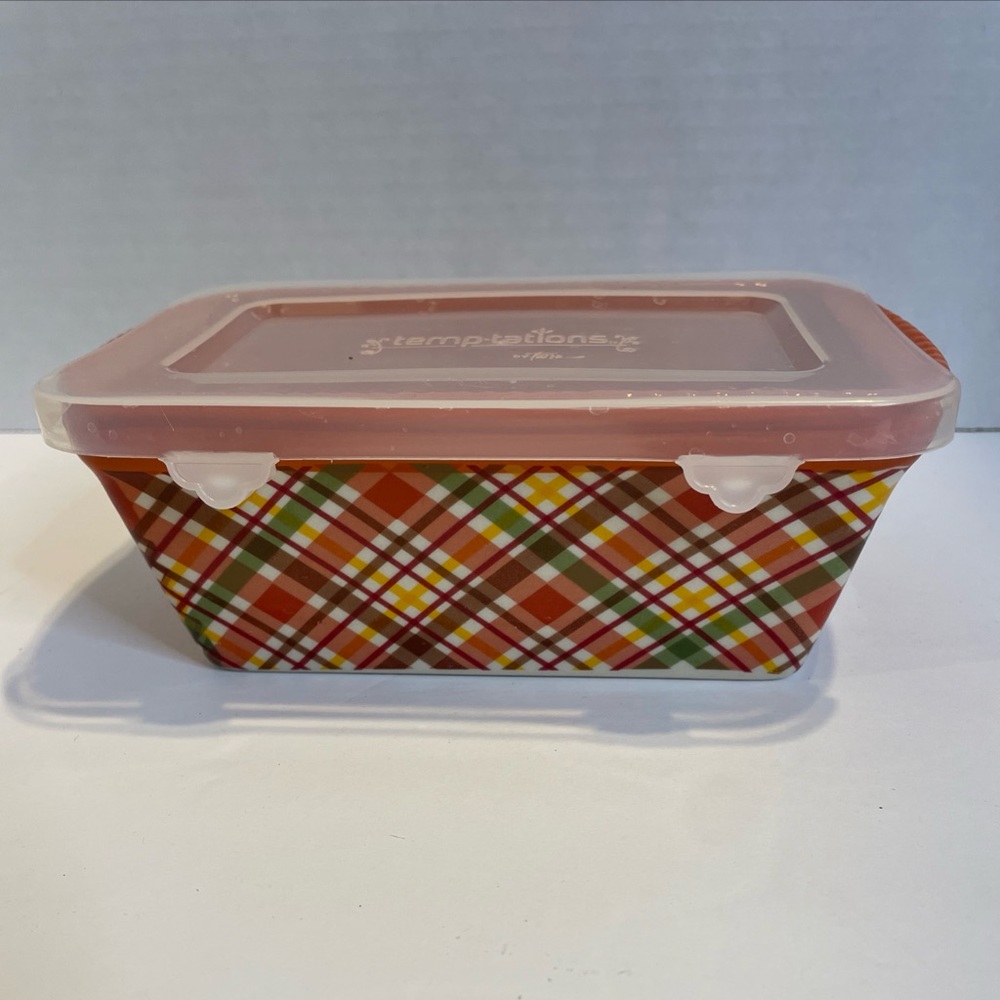 Temptations by Tara Plaid 12 oz Mini Bread Loaf Pan Ceramic 973196 w/ Lid
